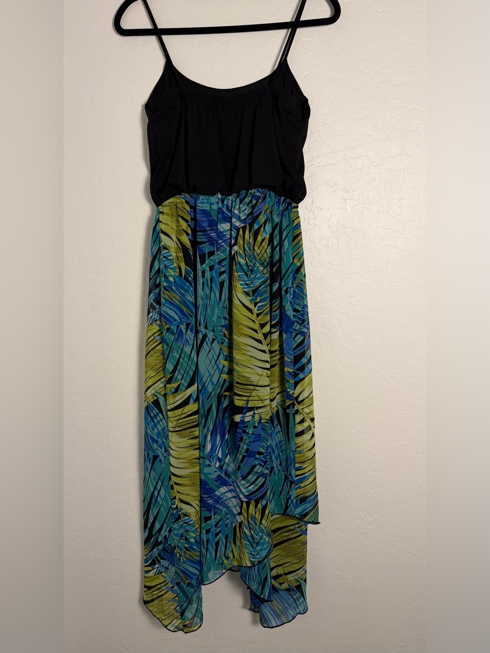 Enfocus Studio Women’s Sz 6 Maxi Dress Black & Tropical Leaf Print Hi-Lo Hem